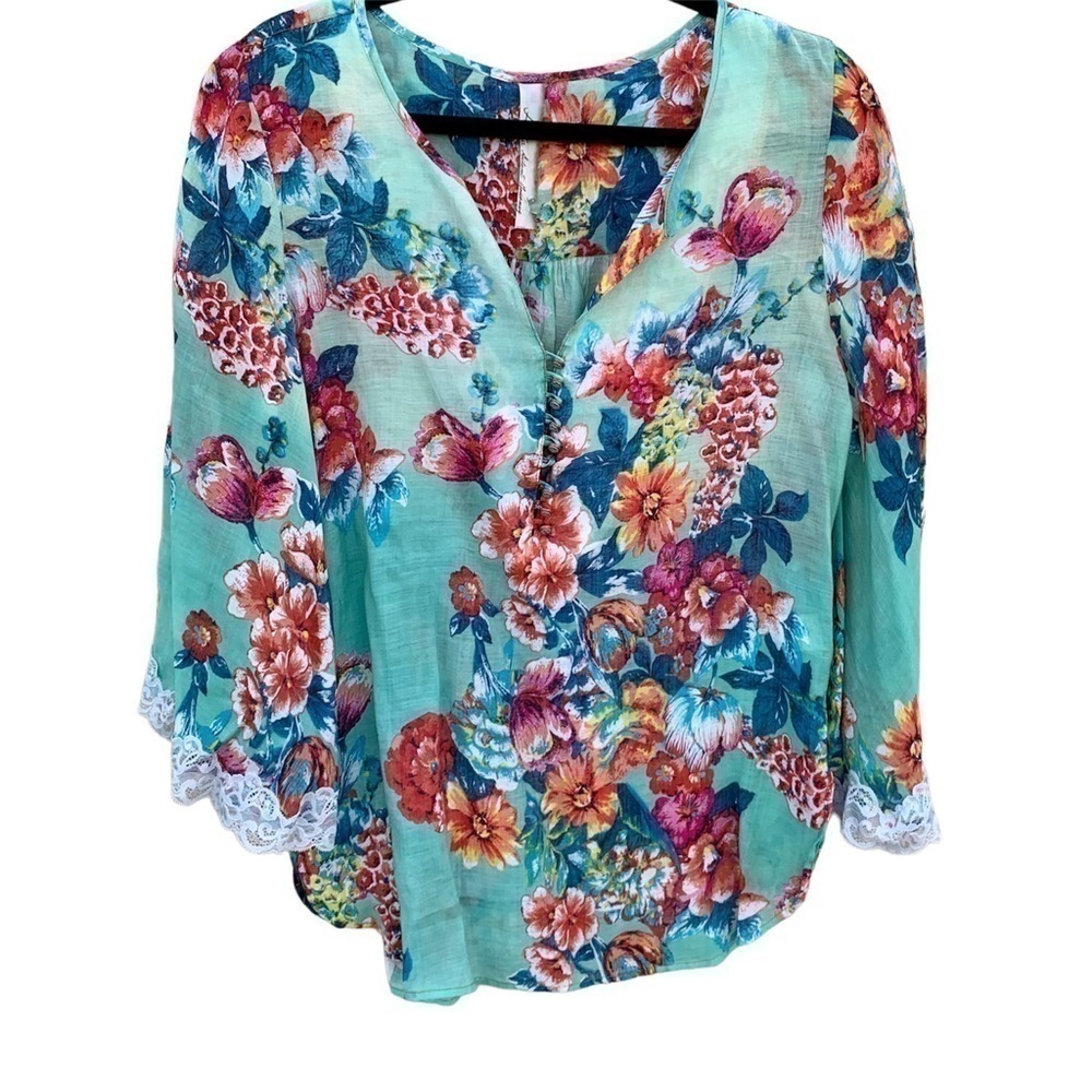 Aratta Silent Journey Floral Long Sleeve Blouse Top Feminine Lace Drapey Sz S